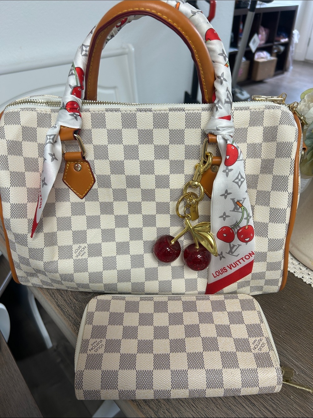 Fashion Cream Checkered Satchel with Matching Wallet